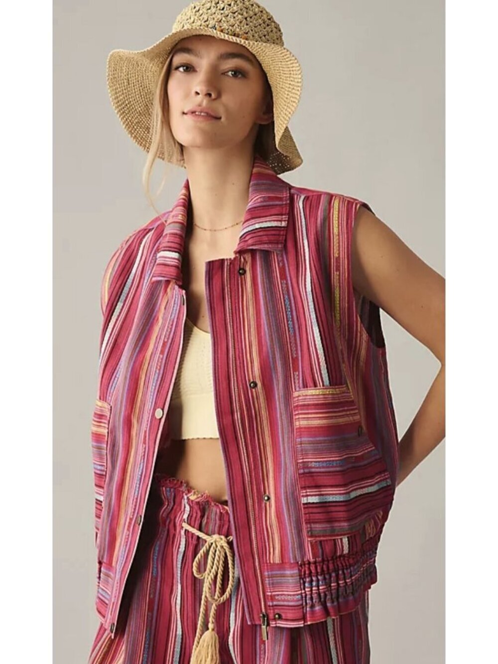 By Anthropologie Striped Woven Vest XL Magenta Multicolor Smocked Hem Button Fro